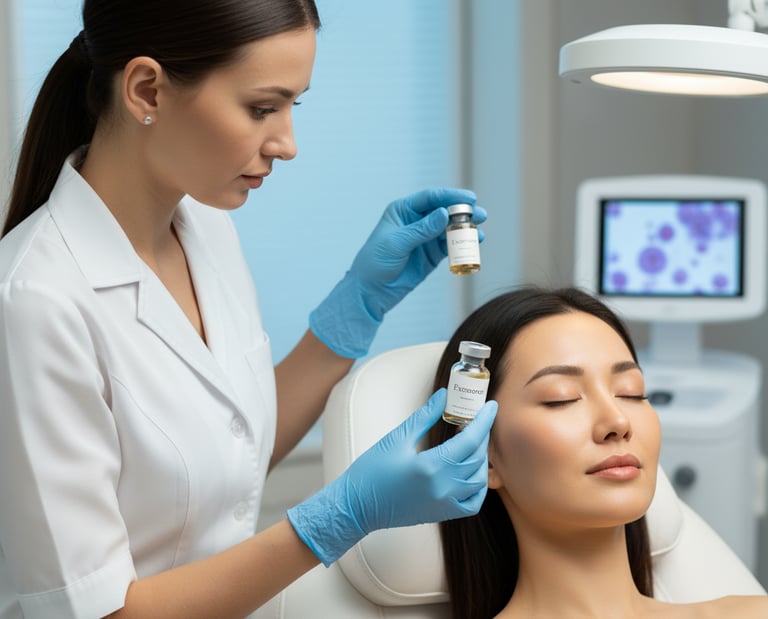 Dermatologist preparing exosome serum vials for a facial rejuvenation skin treatment.