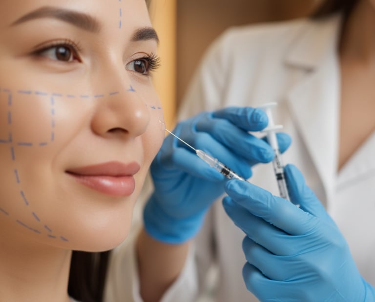A smiling woman receiving a facial dermal filler injection from a professional dermatologist.