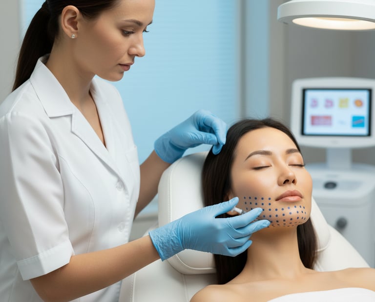 Professional dermatologist preparing a patient for a non-surgical face lift treatment.