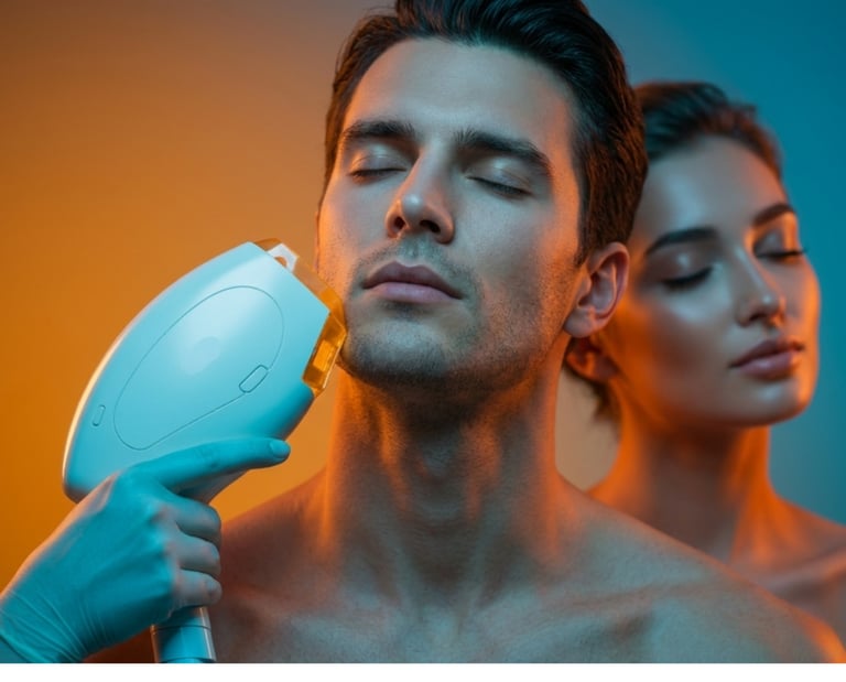 Professional laser hair removal treatment for men and women showing a facial skin care procedure.
