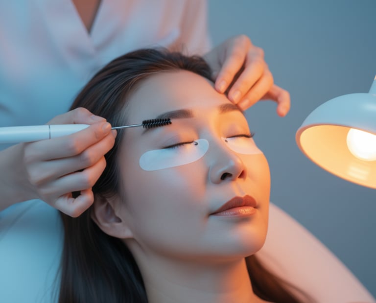 Professional beautician performing a lash lift and brow grooming treatment on a woman in a spa.