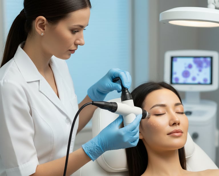 Professional aesthetician performing a radiofrequency facial skin tightening treatment on a woman.