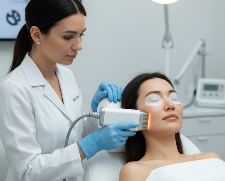A dermatologist performing a professional laser skin tightening treatment on a woman's face.