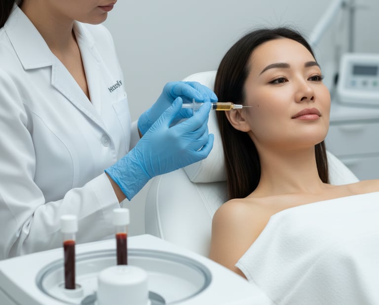 Dermatologist performing PRP facial treatment injection on a woman for skin rejuvenation.