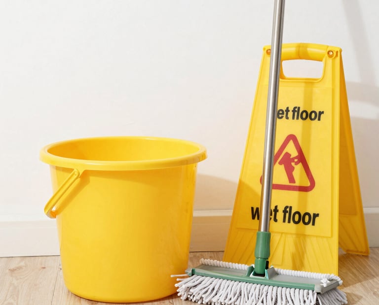 Wet floor sign, a bucket, and a mop in Georgia.