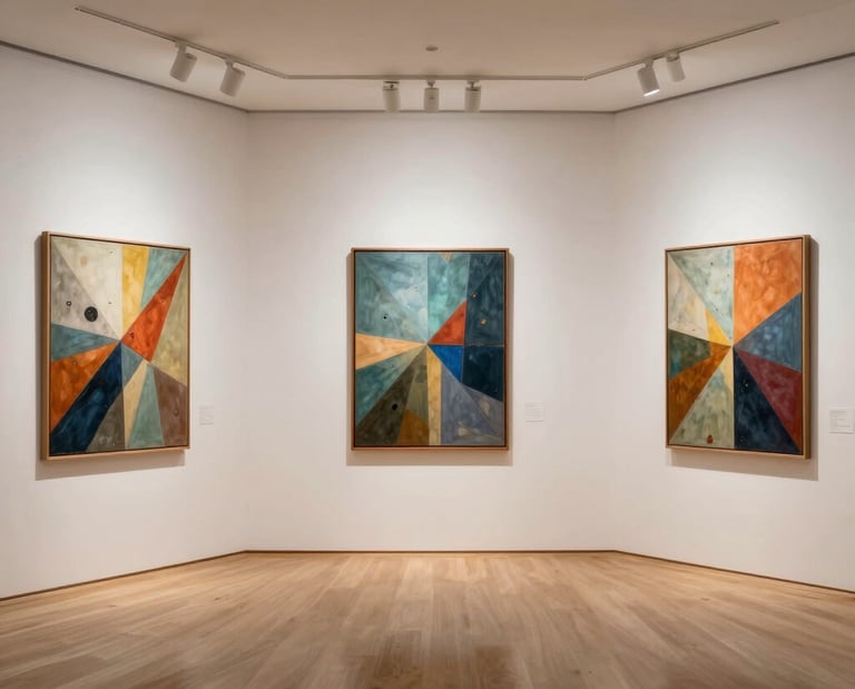 An elegant art gallery showcasing vibrant paintings on white walls.