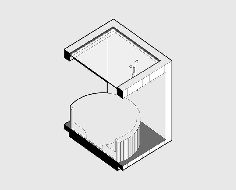 Outdoor hot tub unit axonometric view for modern cabin retreat