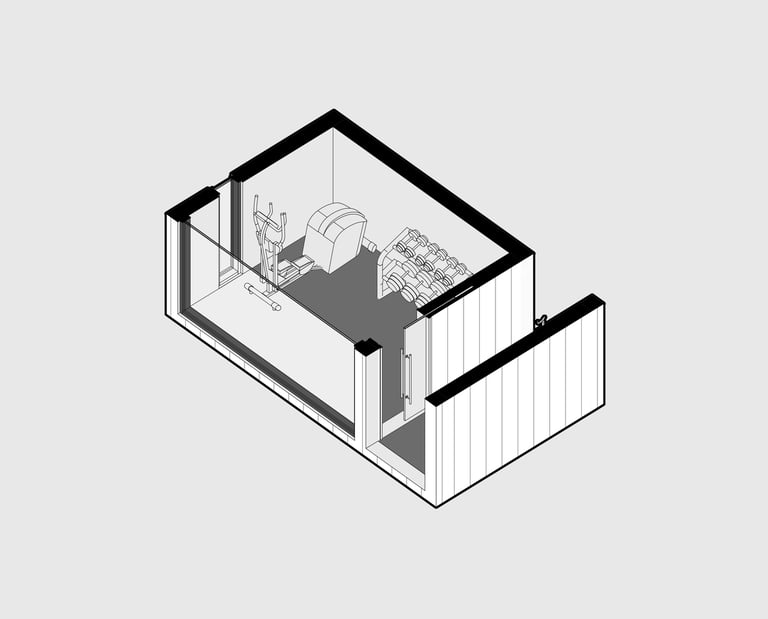 Cabin gym axonometric view showing compact fitness amenity layout
