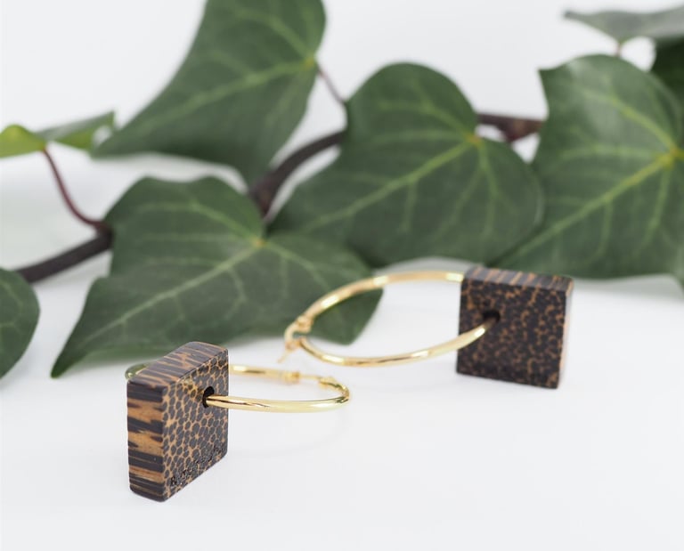 Earrings with golden rings and black palm wood cubes