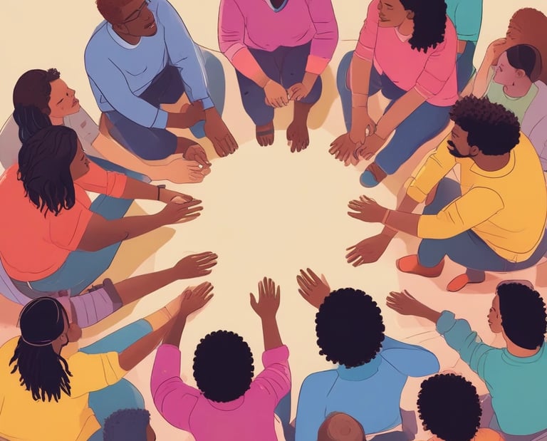 A group of people sits under a colorful tent made of red, yellow, and orange fabric. They appear to be attending a workshop or class. A chalkboard on the left lists a schedule with topics like 'Food as Medicine' and 'Healthy Lifestyle.' The participants sit on mats and blankets, listening to someone speaking at the front. The atmosphere is casual and relaxed with shoes and personal items placed on the grass nearby.