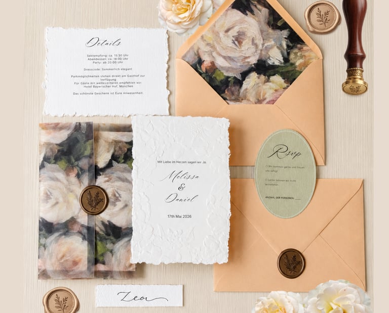 Elegant floral wedding invitation suite with wax seals, peach envelopes, and deckled edge paper.