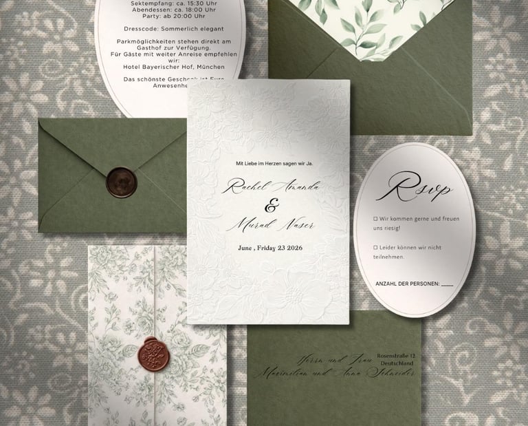 Elegant sage green wedding invitation suite with floral textures, wax seals, and botanical envelope liners.