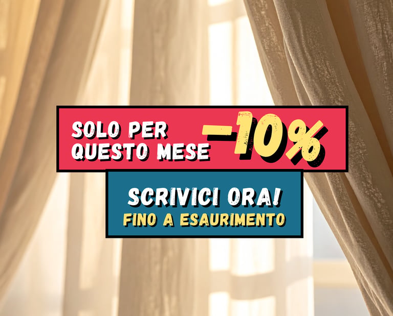 Grafica promozionale elegante con sconto del 10% davanti a tende illuminate dalla luce naturale.