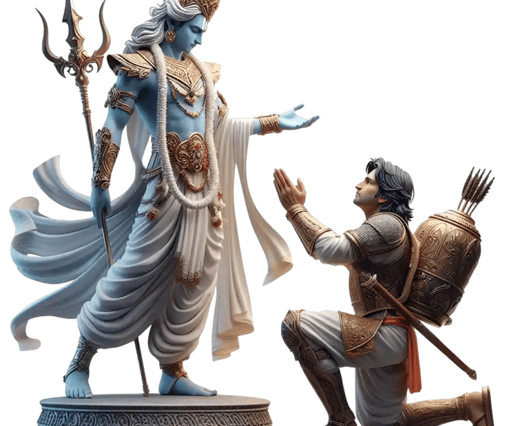 श्रीकृष्ण अर्जुन को दिव्य उपदेश देते हुए, अर्जुन समर्पण मुद्रा में