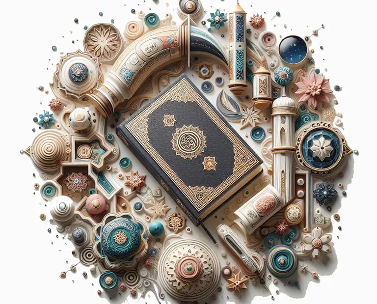 कुरान को घेरे हुए इस्लामिक सजावटी प्रतीक, सफेद पृष्ठभूमि में