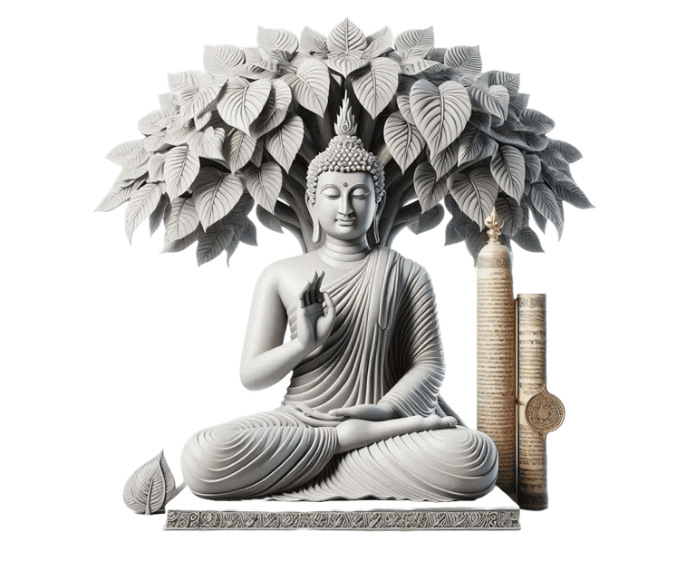 भगवान बुद्ध ध्यान में, बोधि वृक्ष के नीचे त्रिपिटक ग्रंथ के साथ