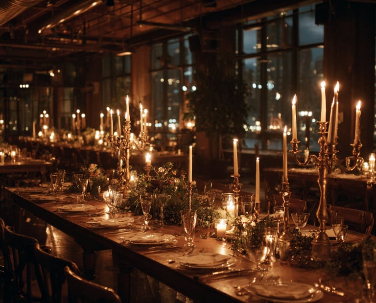 candlelit wedding reception tables in an private event