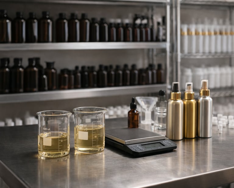 Vasos de precipitados en area de trabajo Sillage con fragancia sobre una mesa