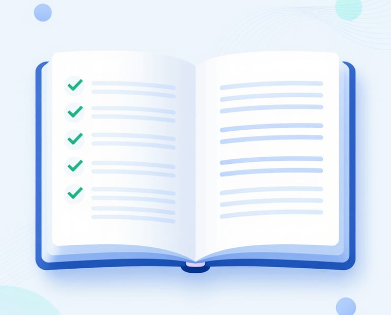 Open blue book illustration with green checkmarks on a white page checklist.