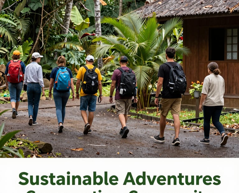 A vibrant group of travelers exploring a lush rainforest with local guides, highlighting sustainable tourism.