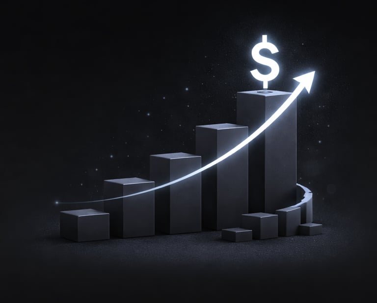 Glowing white dollar sign and arrow rising over a black 3D bar chart showing financial growth.