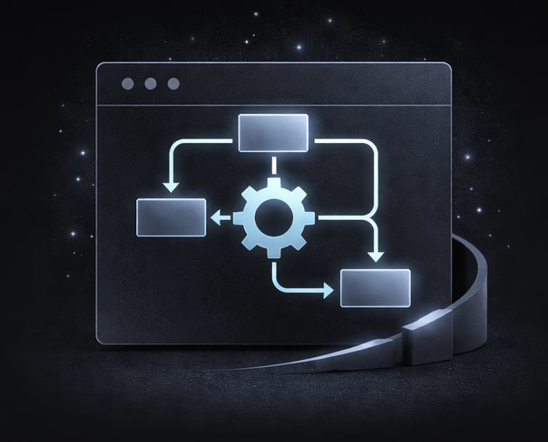 Glowing digital flowchart with a central gear icon inside a dark browser window representing automation.