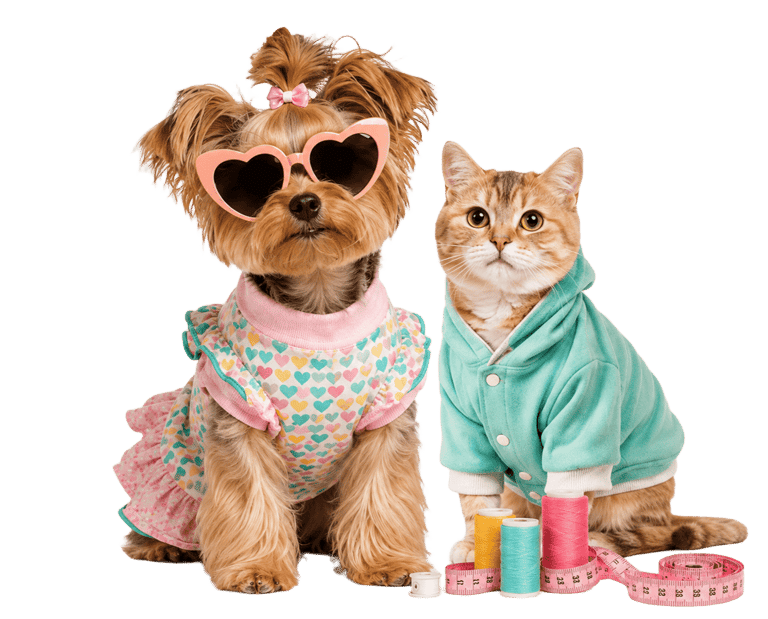 Yorkshire Terrier y gato pelirrojo con ropa de moda para mascotas y gafas de sol en forma de corazón