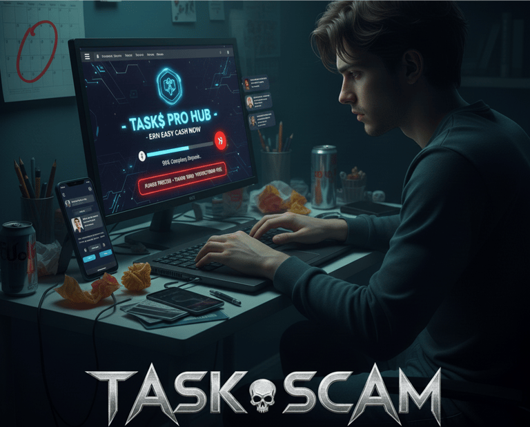 An image of a young man completing Fake SCAM TASKS