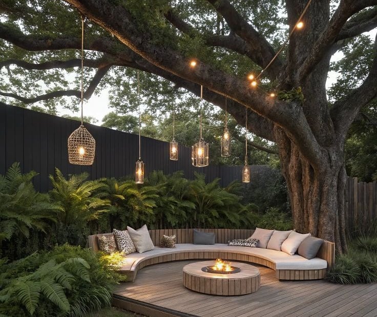 Modern curved outdoor sectional sofa on a wooden deck with a fire pit and hanging lantern lights.