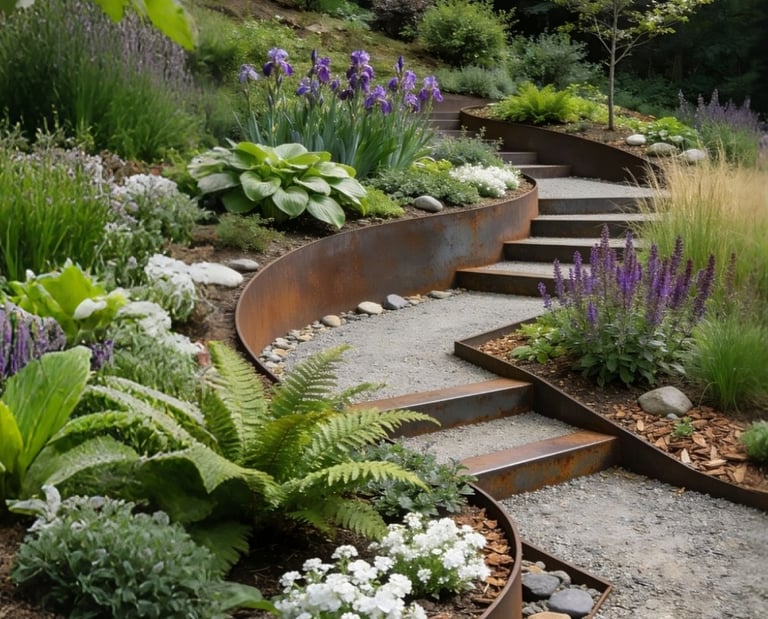 Curved steel landscape edging with garden steps, featuring purple irises, ferns, and lush perennials.