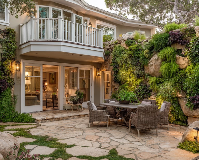 Luxury flagstone patio with wicker dining set and a lush vertical garden wall integrated into natural rock.