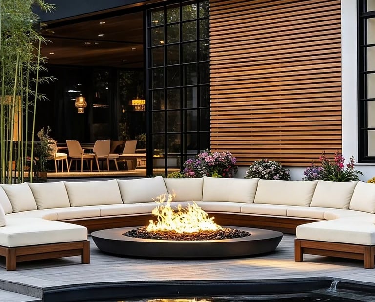Modern outdoor patio with a curved sectional sofa surrounding a circular gas fire pit at sunset.