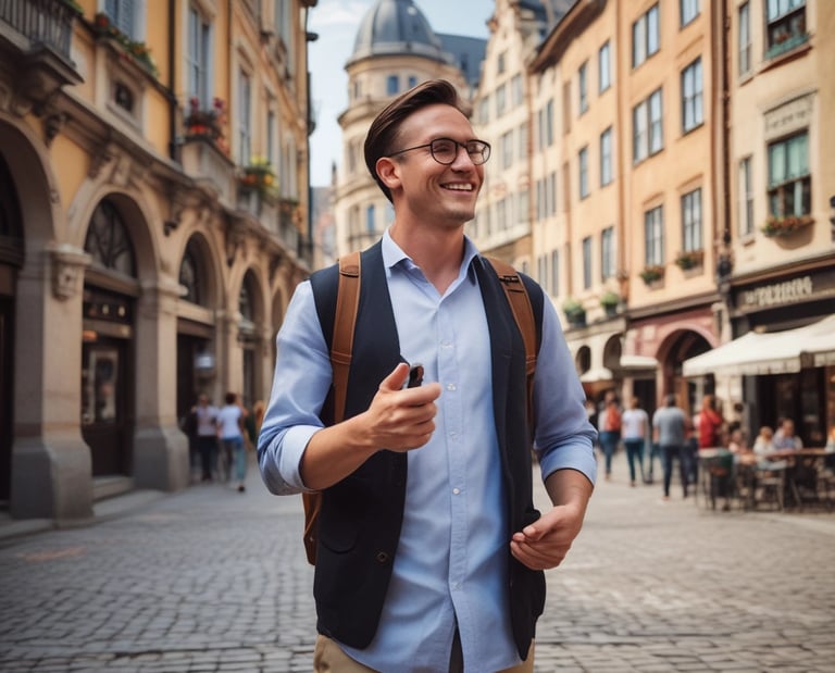 A traveler consulting a Sajami Travel Design expert with city maps and guides spread out on a table.