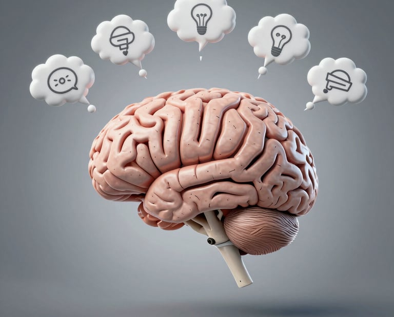 A vibrant workspace with colorful neuroscience books, a laptop displaying brain diagrams, and notes scattered around.