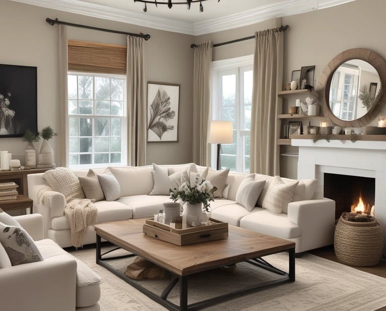 Modern farmhouse living room with white sectional sofa, neutral color palette, light wood coffee tab
