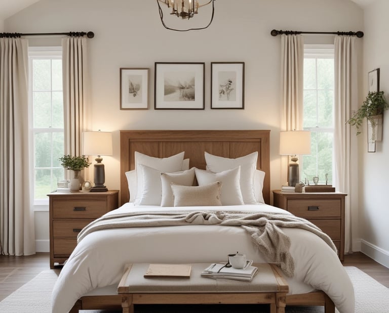 Modern farmhouse bedroom with wood bed frame, white layered bedding, neutral pillows, matching night