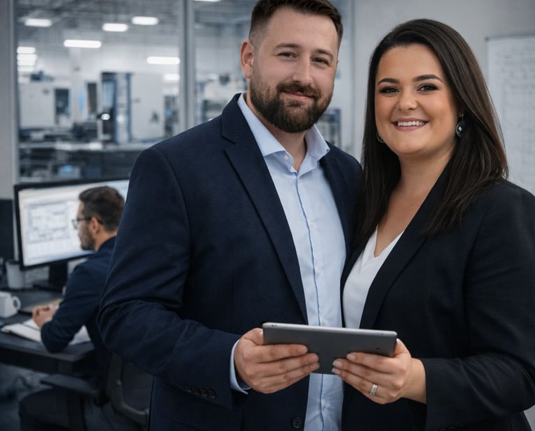 Smiling business professionals in suits using a digital tablet in a modern office.