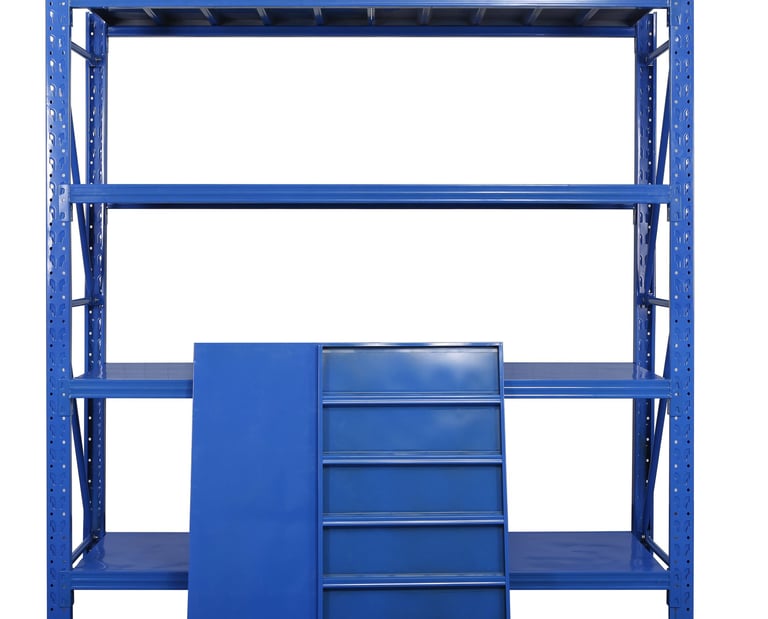 Heavy duty blue steel industrial shelving unit with adjustable storage racks for garage or warehouse.