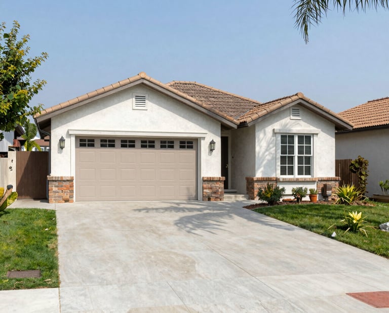 A clean driveway with ample space around a parked car ready for service.