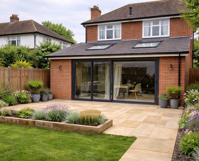 A high-quality rear home extension in Brighton featuring large anthracite grey sliding glass doors, 