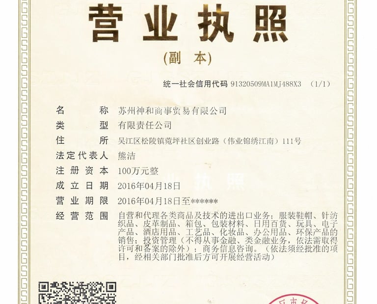 Business License of Suzhou Shinwa Trading Co., Ltd. – officially registered limited liability company in China (2016)