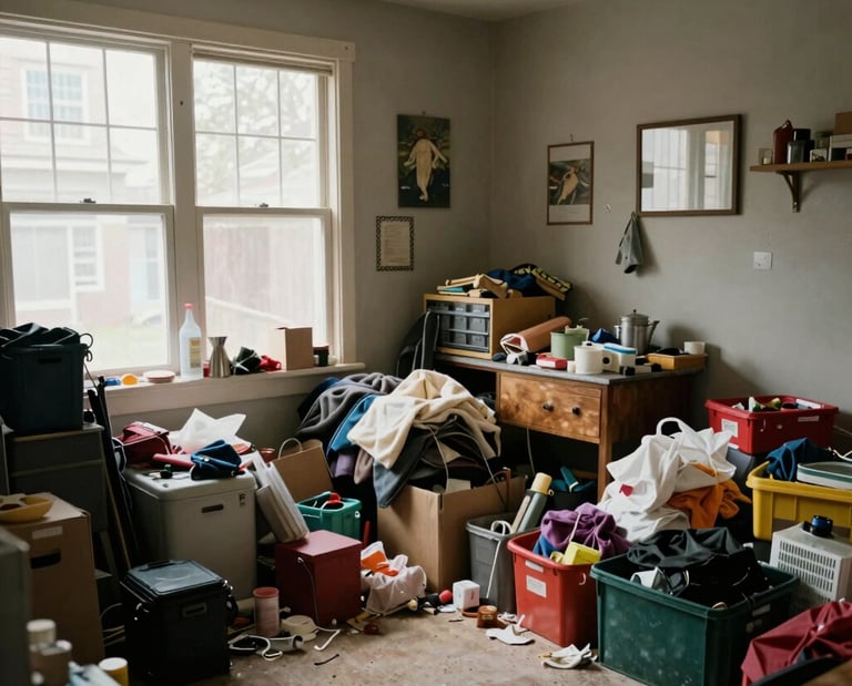 A cluttered room filled with piles of clothing, storage bins, and boxes needing professional hoarding cleanup services.