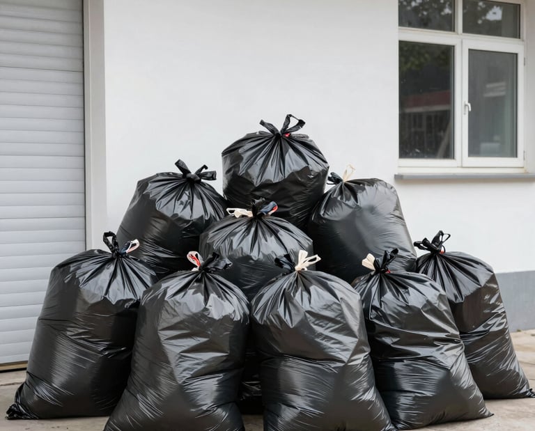 Pile of heavy duty black plastic trash bags full of waste stacked outside a garage.