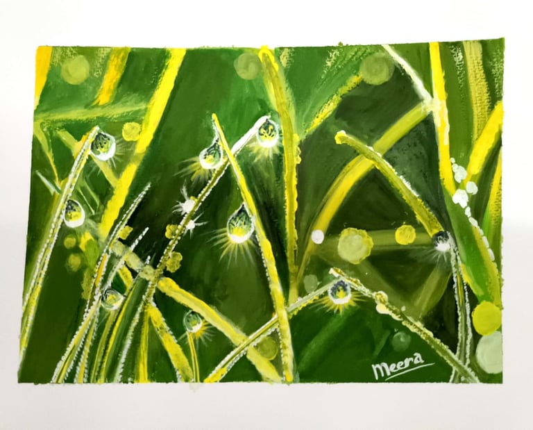 Glistening droplets of morning dew cling onto bright, sun-kissed blades of emerald and golden grass,