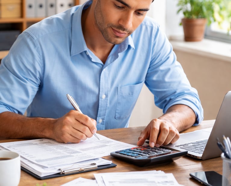 Contador profesional utilizando una calculadora y firmando documentos financieros en su oficina en c