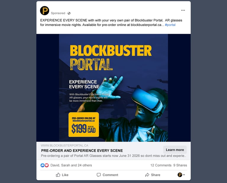 facebook mockup with blue tinted man with ar glasses and yellow blockbuster portal title left alighned
