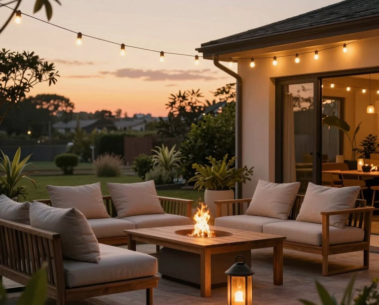 Soft glowing ambient lights hanging above a minimalist patio setting with natural wood furniture.