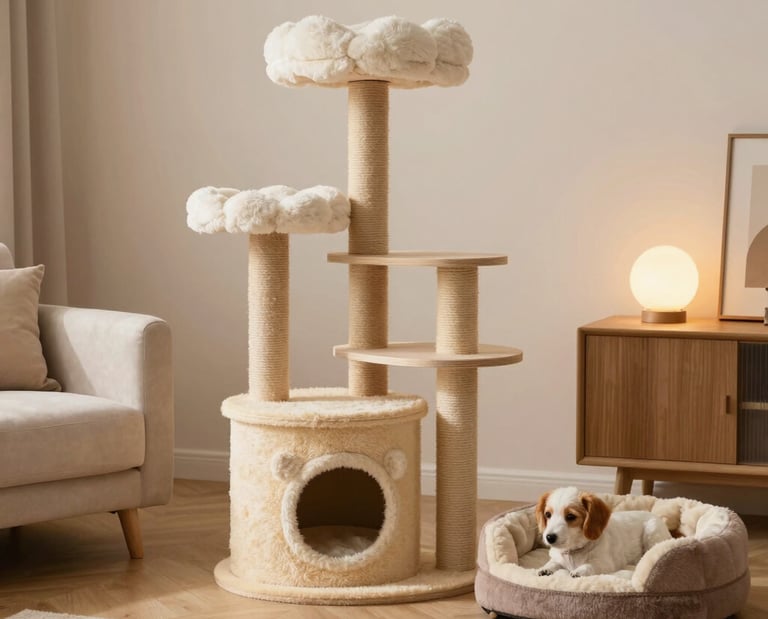 A cozy pet nook with plush cushions and warm lighting in a small living space.