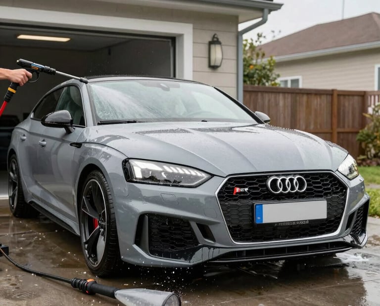 A friendly detailer carefully cleaning a shiny car parked in a residential driveway.