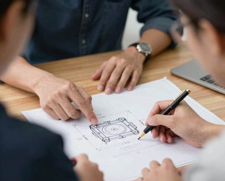 An engineer reviewing blueprints with a client in a bright workshop.